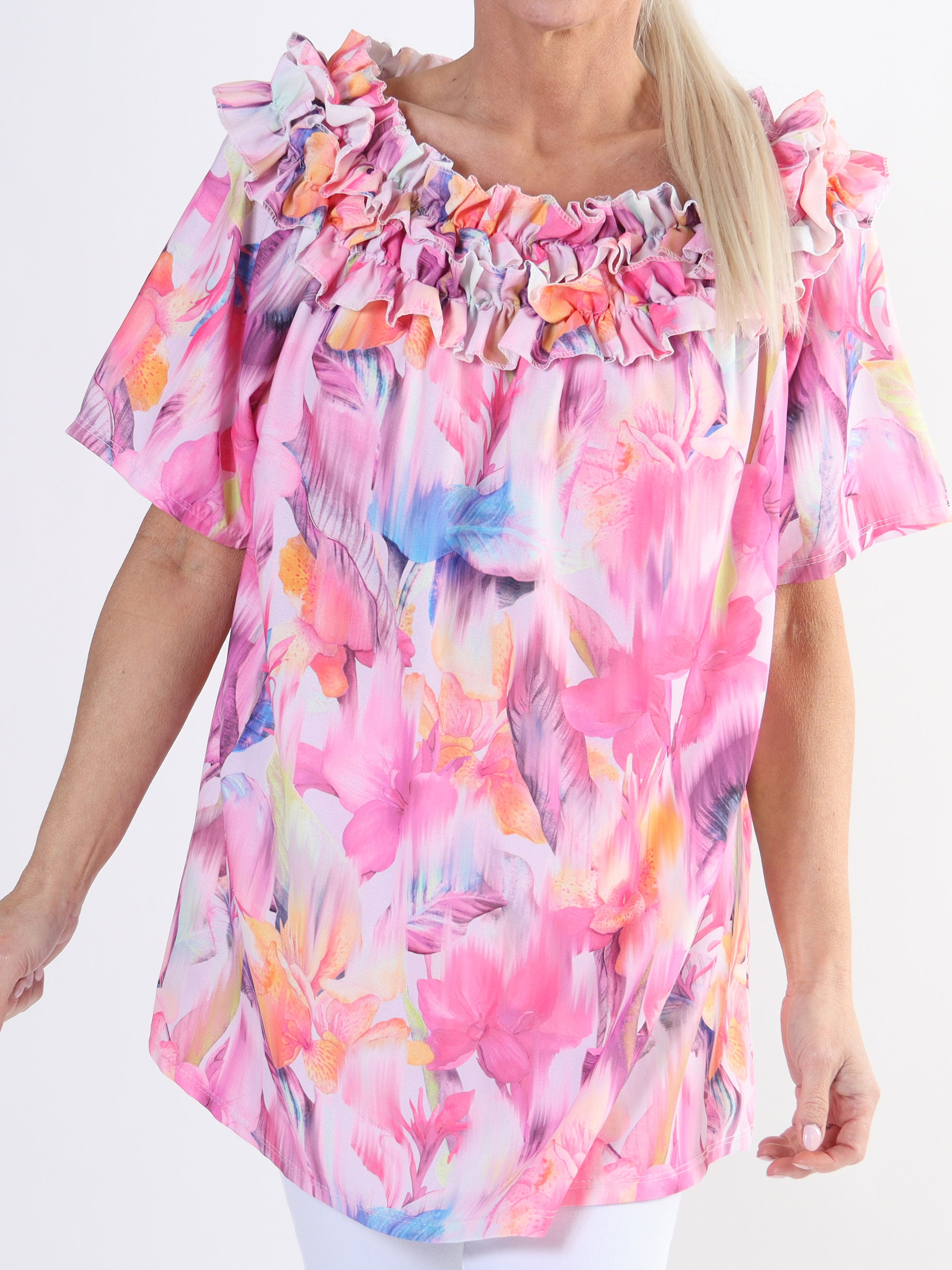 Chili Sleeveless Hawaii - Blomstret plus size tunika med flæser